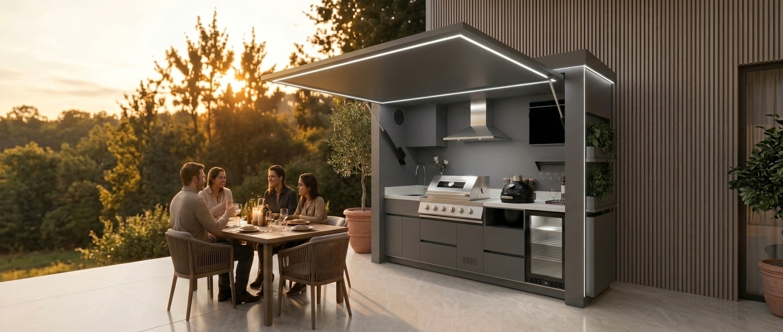 Luxe outdoor kitchen bij zonsondergang